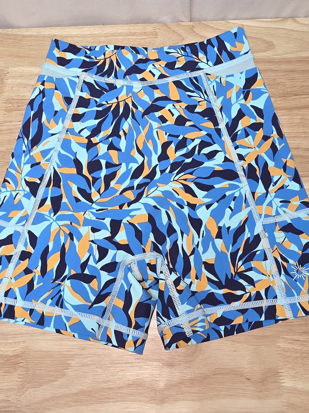 Hi Rise Shortie Women’s Blue Orange Leaf-Print Bike Shorts